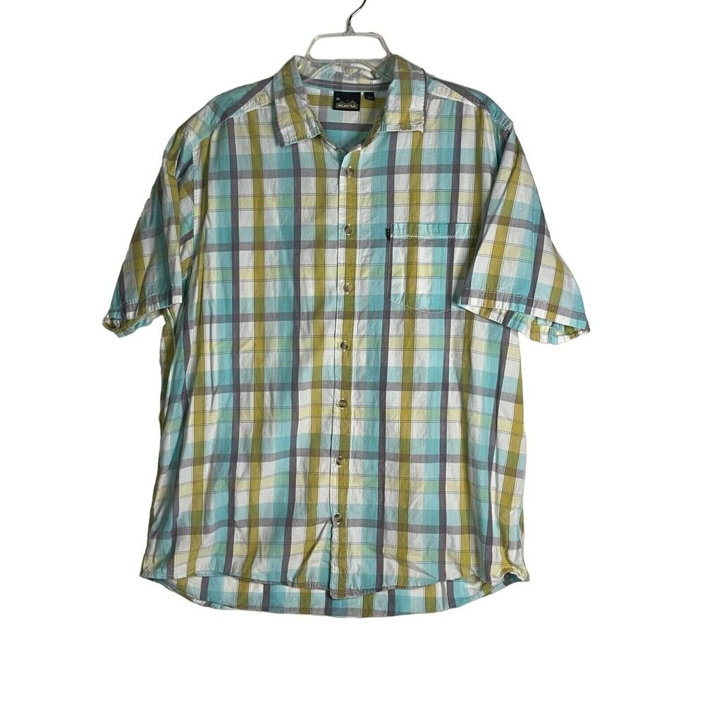 Kavu Men's Short Sleeve Plaid Cotton Button Down Shirt Blue Brown White Size XL